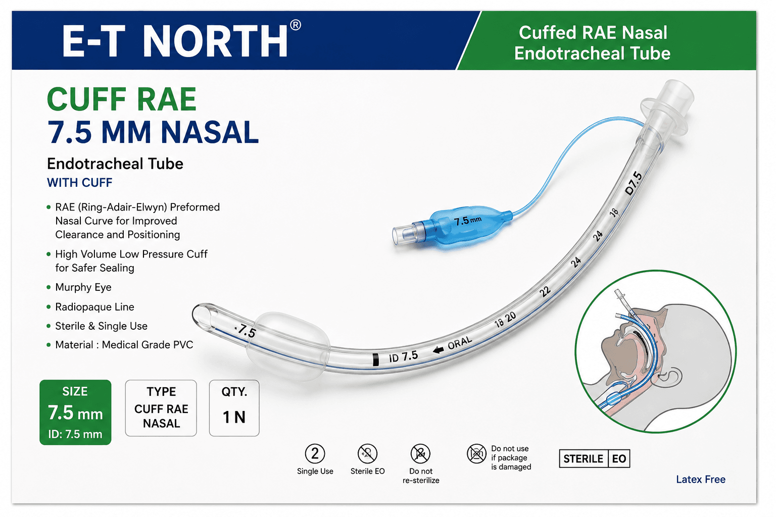 E T North Cuff RAE 7.5 MM Nasal
